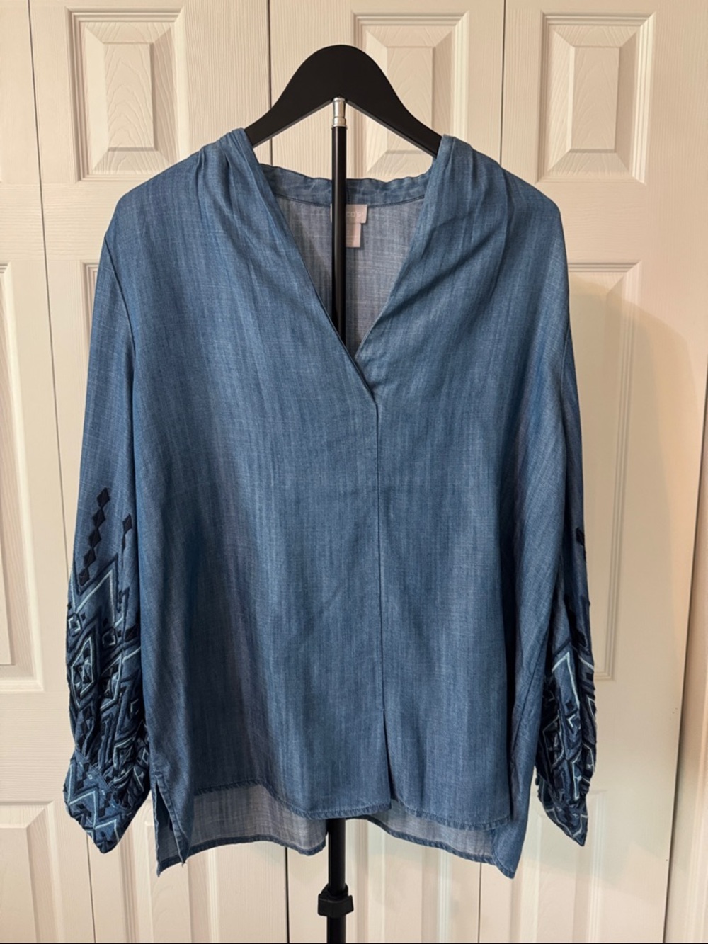 Chico's Denim-Blue V-Neck Embroidered Sleeve Tunic